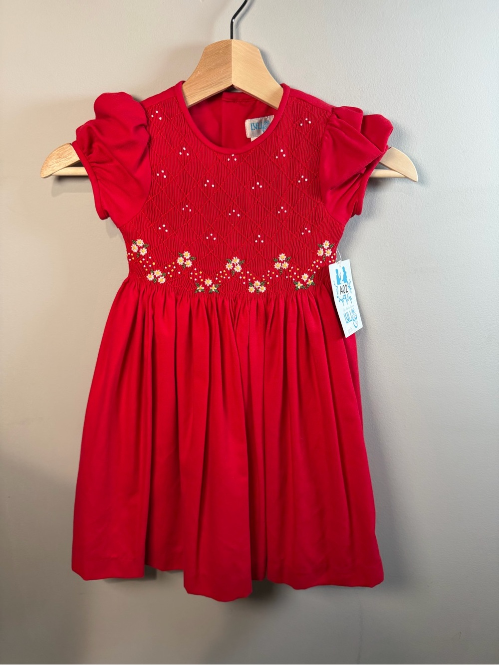 Luli & Me by Maria Casero red smocked bodice floral embroidered dress size 4